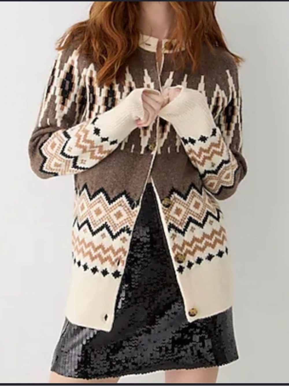 J. Crew Brown and Cream Fair Isle Wool Cardigan Sweater